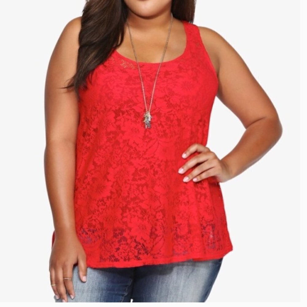 Torrid Red Lace Sheer Eyelet Detail Floral Racerback Tank Top Size 4 (XXXXL)
